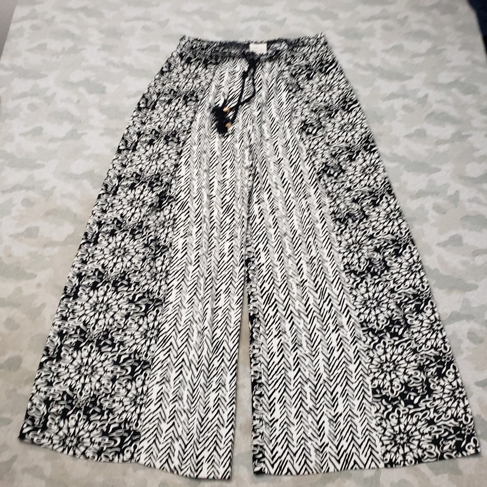Chico's Pants Women 2 Large Black Print Wide Leg Tassel Drawstring